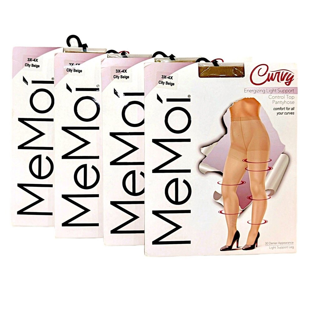 MeMoi Energizing Plus Size Curvy Control Top Pantyhose City Beige 3X-4X 4 Packs